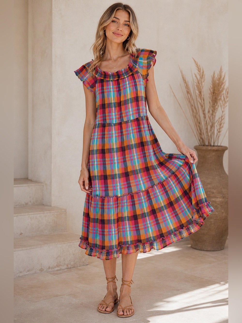 June & Ivy Rainbow Gingham Midi Dress Flutter Sleeve Tiered Boho